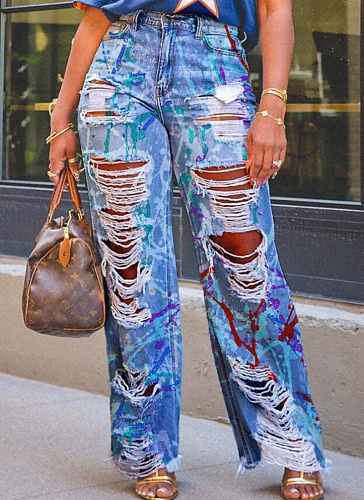 Summer New Fashion Graffiti Ripped Straight Jeans Wholesale