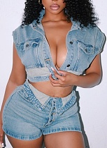 Fashionable Casual Elastic Slim Fit Top Hip Shorts Denim Two Piece Suit For Women