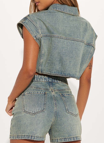 Fashion Casual Denim Tops Slim Fit Stretch Shorts Two Piece Set Wholesale