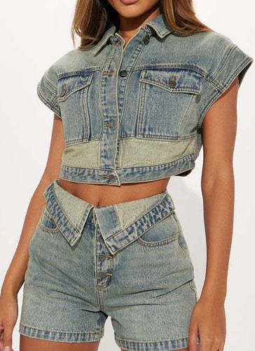 Fashion Casual Denim Tops Slim Fit Stretch Shorts Two Piece Set Wholesale