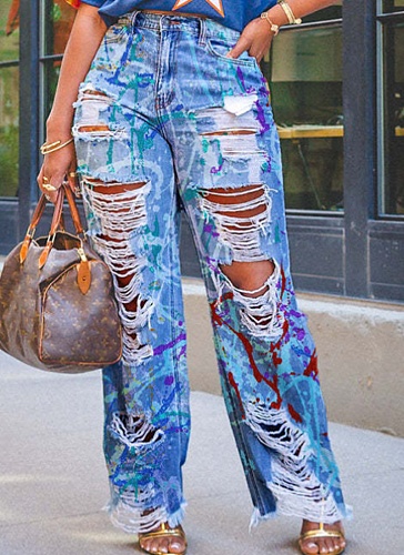 Summer New Fashion Graffiti Ripped Straight Jeans Wholesale