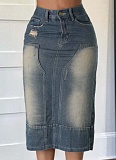 Summer New Casual Washed Slit Hem Denim Long Skirt