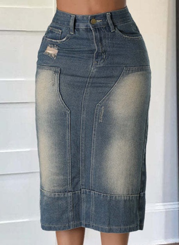 Summer New Casual Washed Slit Hem Denim Long Skirt