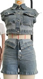 Fashion Casual Denim Tops Slim Fit Stretch Shorts Two Piece Set Wholesale