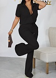 Casual Lapel Zipper Short Sleeve Top Long Pants Large Size Casual Two-piece Suit