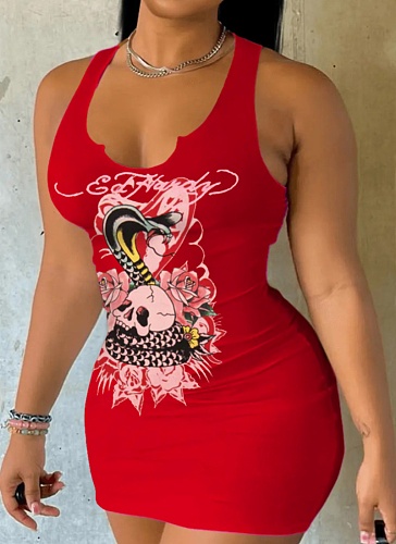 Summer Red Fashion Pattern Printed Dress Wholesale