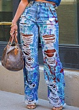 Summer New Fashion Graffiti Ripped Straight Jeans Wholesale