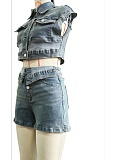 Fashion Casual Denim Tops Slim Fit Stretch Shorts Two Piece Set Wholesale