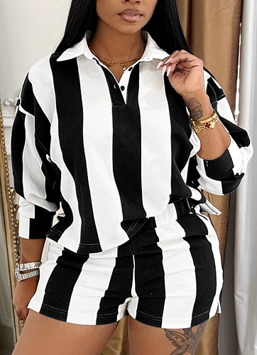 New Fashion Striped Lapel Top High Waist Shorts Two-Piece Suit For Women