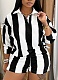 New Fashion Striped Lapel Top High Waist Shorts Two-Piece Suit For Women