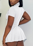 Summer Ribbed Knitted Zipper Lapel Top Pleated Short Skirt Two-Piece Suit For Women