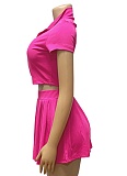 Summer Ribbed Knitted Zipper Lapel Top Pleated Short Skirt Two-Piece Suit For Women