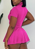 Summer Ribbed Knitted Zipper Lapel Top Pleated Short Skirt Two-Piece Suit For Women