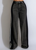 Fashionable Elastic Stitching Striped Wide-Leg Denim Trousers For Women