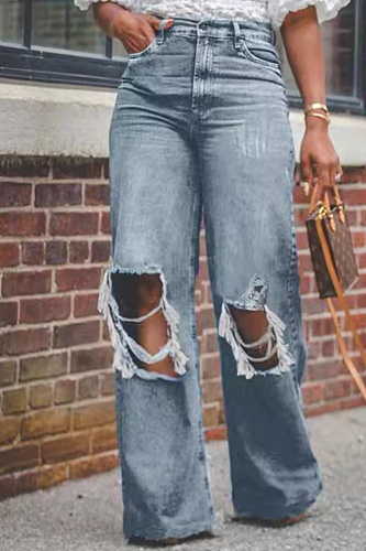 New Distressed Washed High Waist Wide Leg Jeans For Women