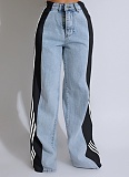 Fashionable Elastic Stitching Striped Wide-Leg Denim Trousers For Women
