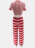 Striped Round Neck Short Top High Waist Wide Leg Trousers Two Piece Suit Women