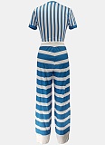 Striped Round Neck Short Top High Waist Wide Leg Trousers Two Piece Suit Women