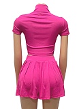 Summer Ribbed Knitted Zipper Lapel Top Pleated Short Skirt Two-Piece Suit For Women