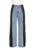 Fashionable Elastic Stitching Striped Wide-Leg Denim Trousers For Women