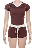 New Contrast Color Slim Fit Short Sleeve Top High Waist Shorts Two Piece Suit For Women