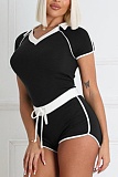 New Contrast Color Slim Fit Short Sleeve Top High Waist Shorts Two Piece Suit For Women