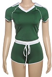 New Contrast Color Slim Fit Short Sleeve Top High Waist Shorts Two Piece Suit For Women
