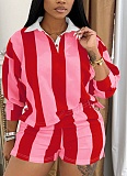 New Fashion Striped Lapel Top High Waist Shorts Two-Piece Suit For Women