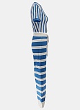 Striped Round Neck Short Top High Waist Wide Leg Trousers Two Piece Suit Women