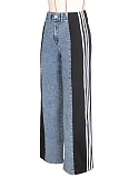 Fashionable Elastic Stitching Striped Wide-Leg Denim Trousers For Women