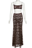 Sexy Hollow Camisole Top Solid Color High Waist Lace Skirt Two Piece Set