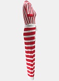 Striped Round Neck Short Top High Waist Wide Leg Trousers Two Piece Suit Women
