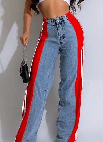 Fashionable Elastic Stitching Striped Wide-Leg Denim Trousers For Women