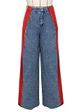 Fashionable Elastic Stitching Striped Wide-Leg Denim Trousers For Women