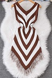 Summer Sleeveless Slim Fit Striped Tassel Hip-Wrapped Knitted Dress For Women