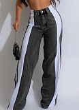 Fashionable Elastic Stitching Striped Wide-Leg Denim Trousers For Women