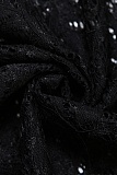 Sexy Hollow Camisole Top Solid Color High Waist Lace Skirt Two Piece Set