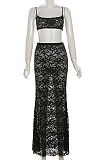 Sexy Hollow Camisole Top Solid Color High Waist Lace Skirt Two Piece Set