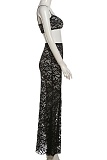 Sexy Hollow Camisole Top Solid Color High Waist Lace Skirt Two Piece Set