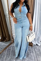 Blue Sexy Backless Wide Leg Denim Jumpsuit Wholesale