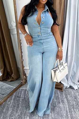 Blue Sexy Backless Wide Leg Denim Jumpsuit Wholesale