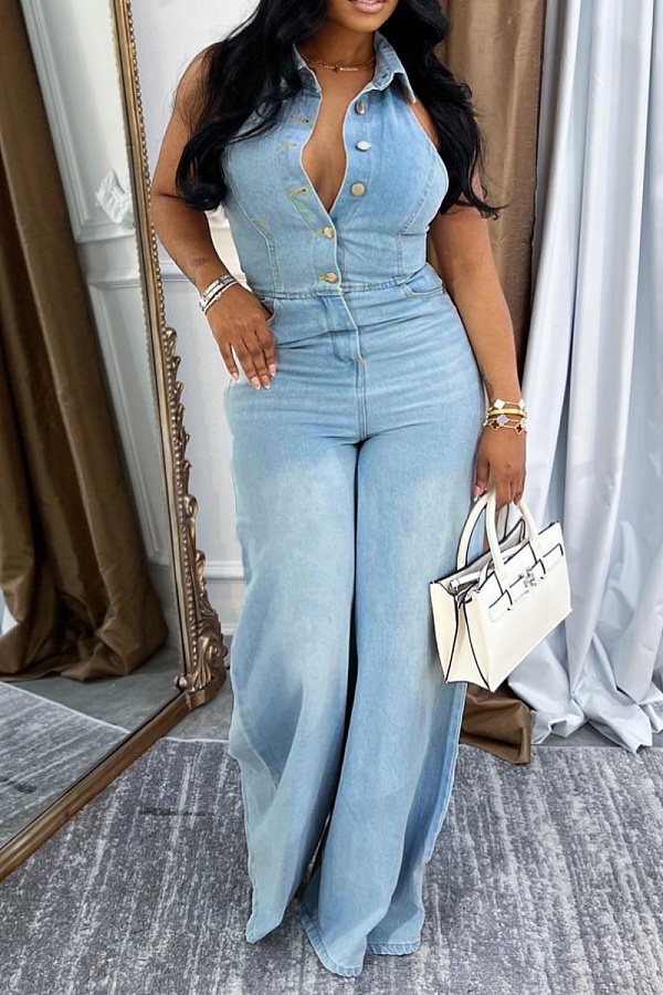 Blue Sexy Backless Wide Leg Denim Jumpsuit Wholesale