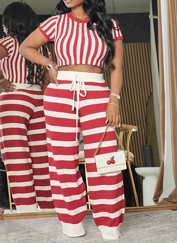 Striped Round Neck Short Top High Waist Wide Leg Trousers Two Piece Suit Women