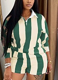 New Fashion Striped Lapel Top High Waist Shorts Two-Piece Suit For Women