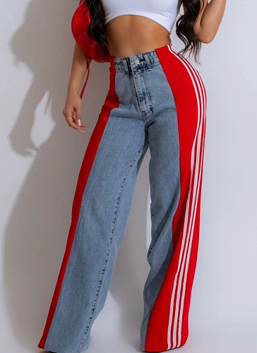 Fashionable Elastic Stitching Striped Wide-Leg Denim Trousers For Women