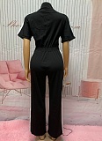 Women'S Contrast Color Stand Collar Zipper Denim Patchwork Jumpsuit
