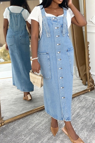 New Single Breasted Suspender Denim Dress For Women