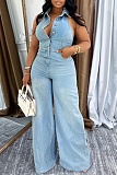 Blue Sexy Backless Wide Leg Denim Jumpsuit Wholesale