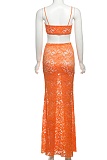 Sexy Hollow Camisole Top Solid Color High Waist Lace Skirt Two Piece Set