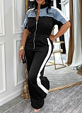 Women'S Contrast Color Stand Collar Zipper Denim Patchwork Jumpsuit